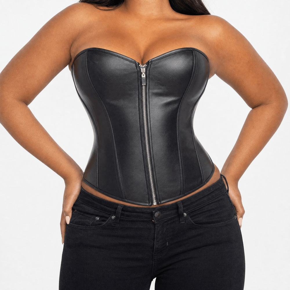 Luna Rune Boned Front-Zip Leather Corset