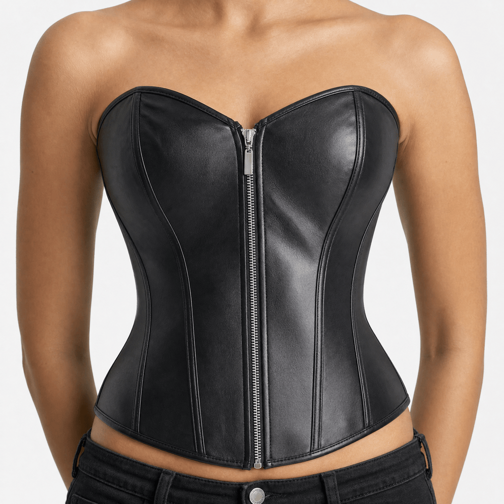 Luna Rune Boned Front-Zip Leather Corset