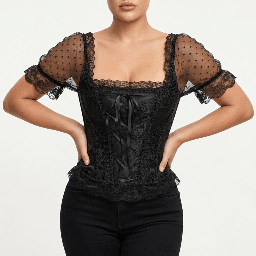 Luna Rune Boned Puff-Sleeve Lace-Up Corset