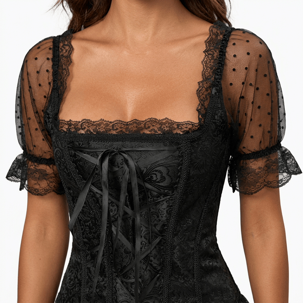 Luna Rune Boned Puff-Sleeve Lace-Up Corset