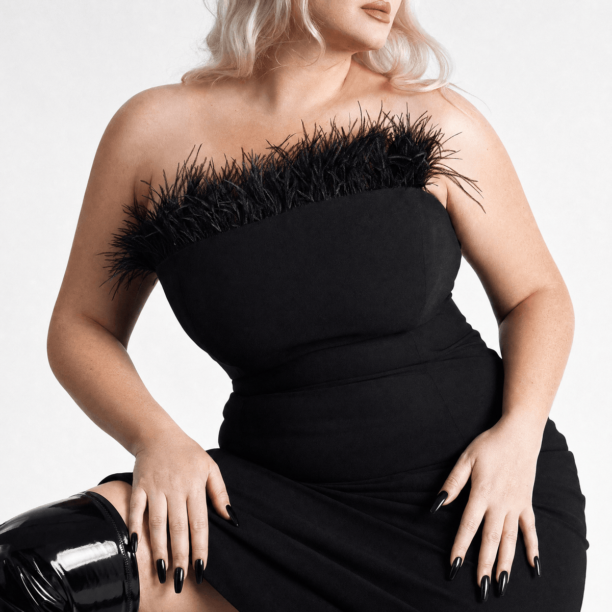 Luna Rune Feather-Trim Strapless Mini Corset Dress