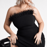 Luna Rune Feather-Trim Strapless Mini Corset Dress