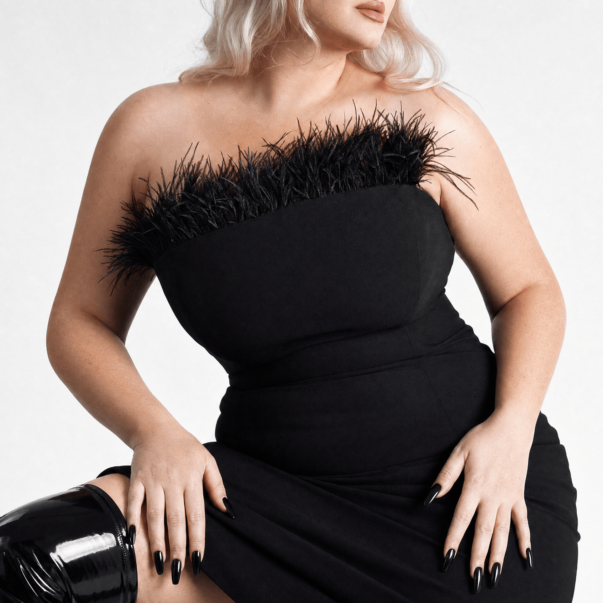 Luna Rune Feather-Trim Strapless Mini Corset Dress