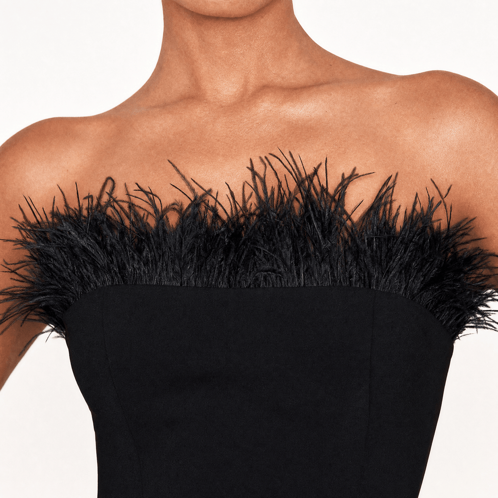 Luna Rune Feather-Trim Strapless Mini Corset Dress