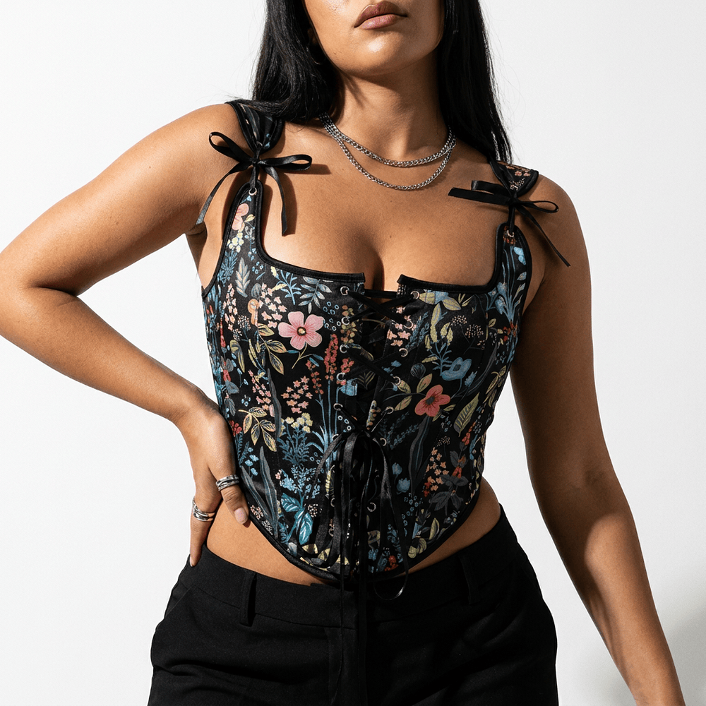 Luna Rune Floral Strapped Boned Corset