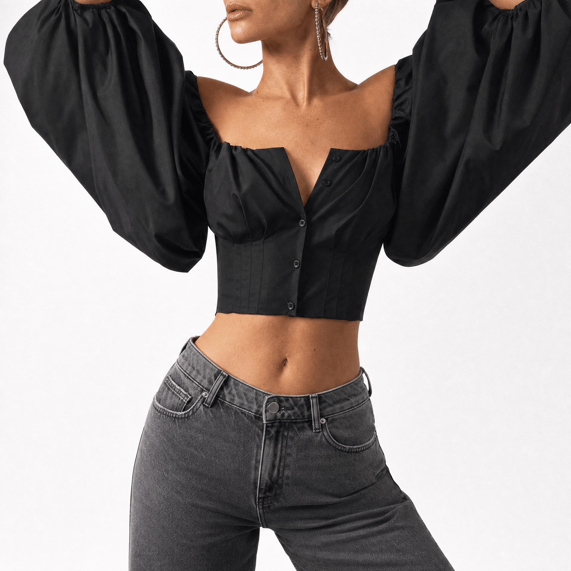Luna Rune Off-Shoulder Puff-Sleeve Buttoned Corset
